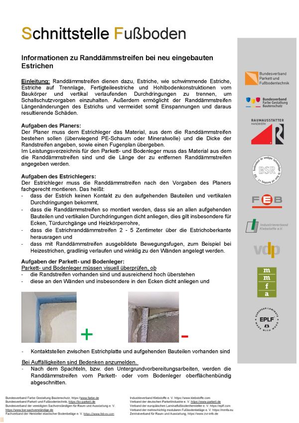 Informationsgrafik der Initiative „Schnittstelle Fußboden“ zu Randdämmstreifen bei neu eingebauten Estrichen mit Aufgaben von Planer, Estrichleger und Bodenleger sowie Beispielbildern zur korrekten Ausführung.